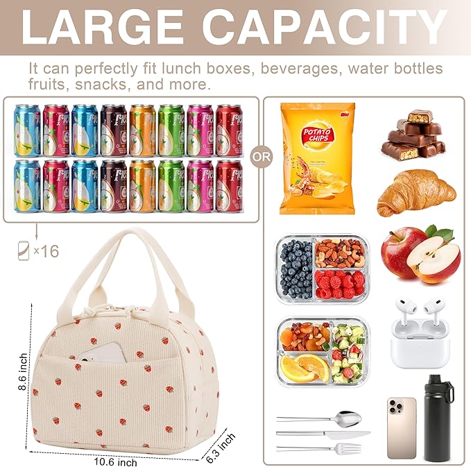 Lunch Bag - Insulated Lunch Box for Women, Reusable Large Capacity Cooler Bag for Adult, Small Leakproof Cute Corduroy Lunch Tote for Work Office Travel Picnic (Corduroy Strawberry)