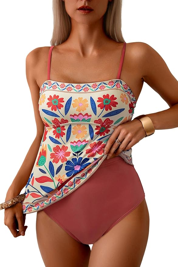 Dokotoo Women's Boho Floral Tankini Set Tummy Control Two Piece Swimsuits Flowy Vintage Beachwear