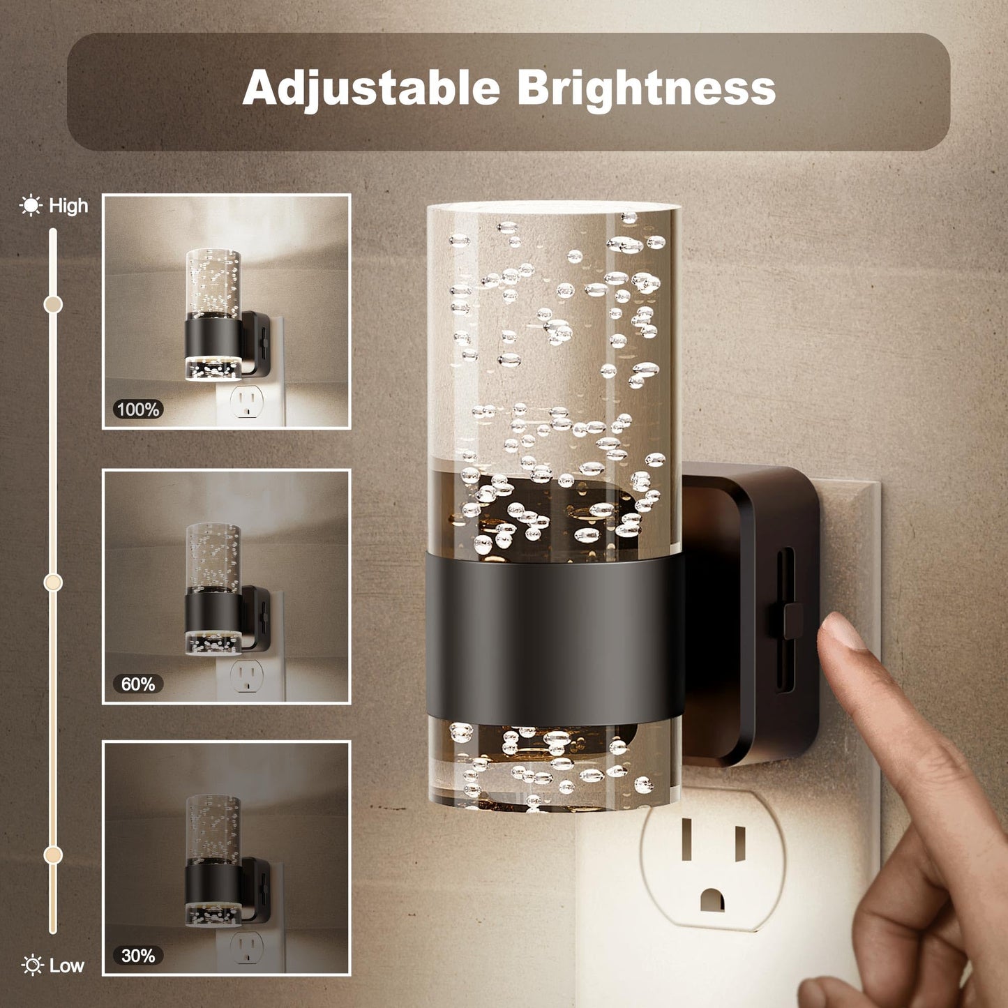 JandCase Night Light LED Plug-in with Adjustable Brightness, 5000K, Plastic, Black, 1 Pack, Model C-GY19703DBK2US