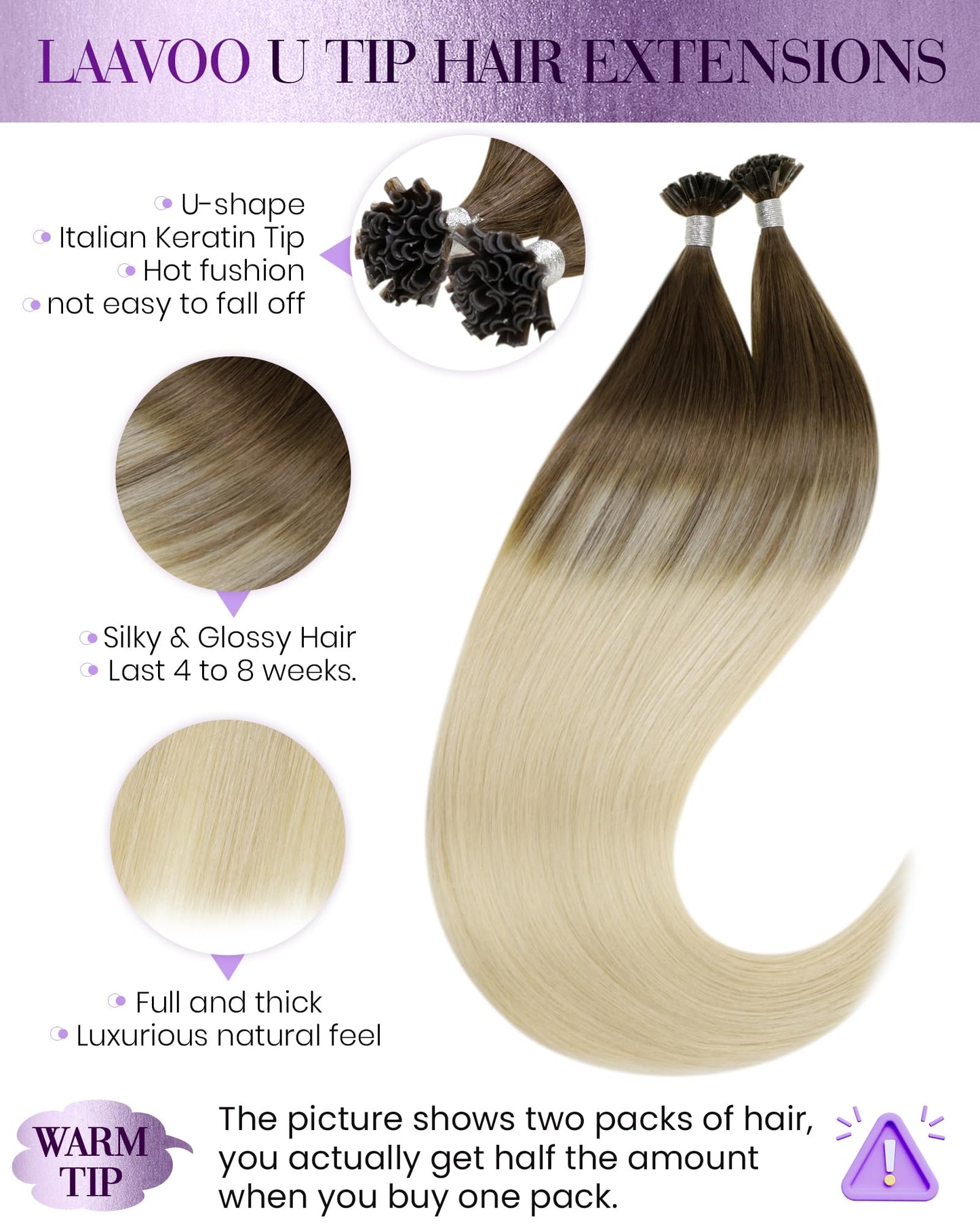 LaaVoo K Tip Hair Extensions Real Human Hair Blonde Ombre Ktip Human Hair Extensions Light Brown Ombre Light Blonde U Tip Hair E
