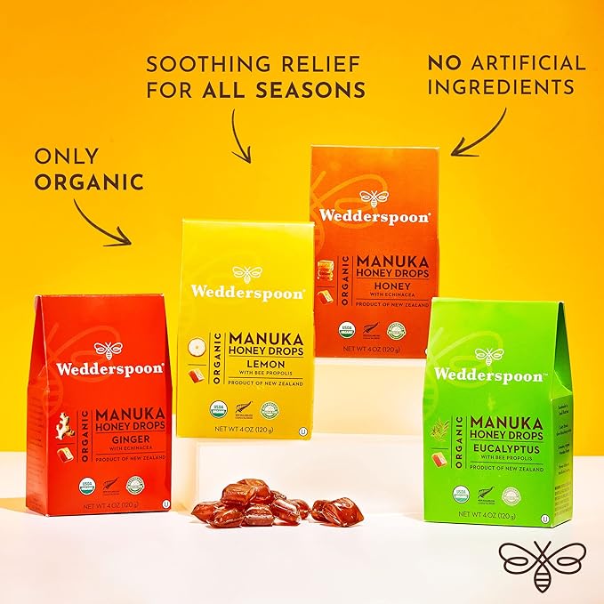 Wedderspoon Organic Manuka Honey Drops, Variety Pack, 4 Oz (Pack of 6) - Genuine New Zealand Honey - Perfect Remedy for Dry Throats