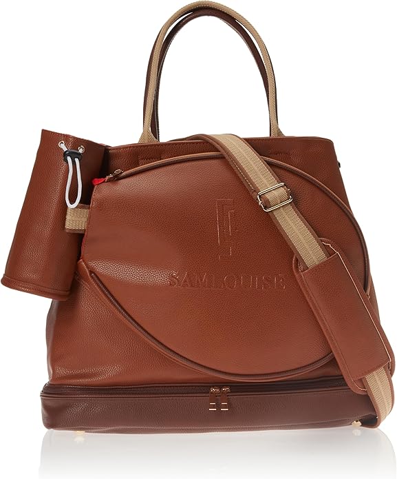 SamLouise Leather Women Large Sports Handbag Tennis Racket Shoulder Bag Tennis Tote Bag with Front Pocket for Tennis Racket