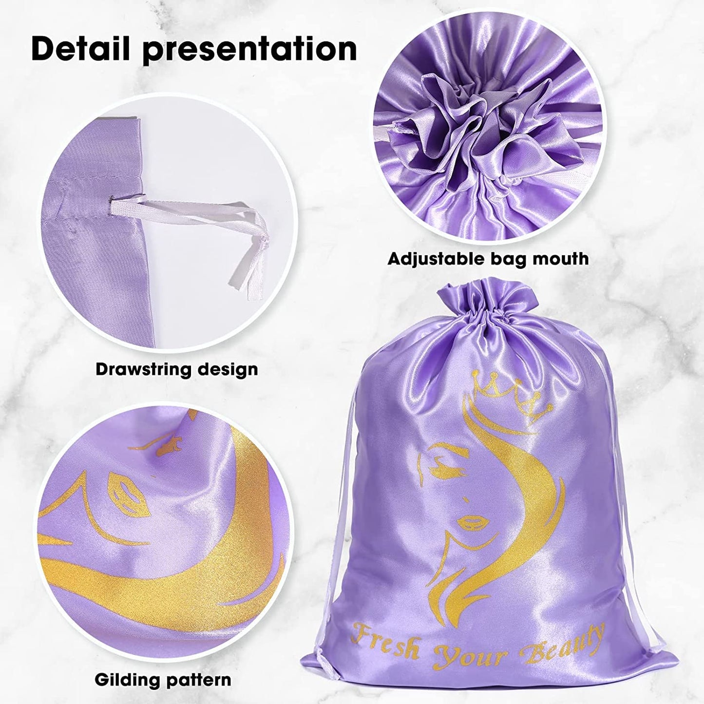 6pc Satin Wig Bags - Drawstring Silk Storage for Wigs, Extensions & Gifts (Mix Purple & Pink)