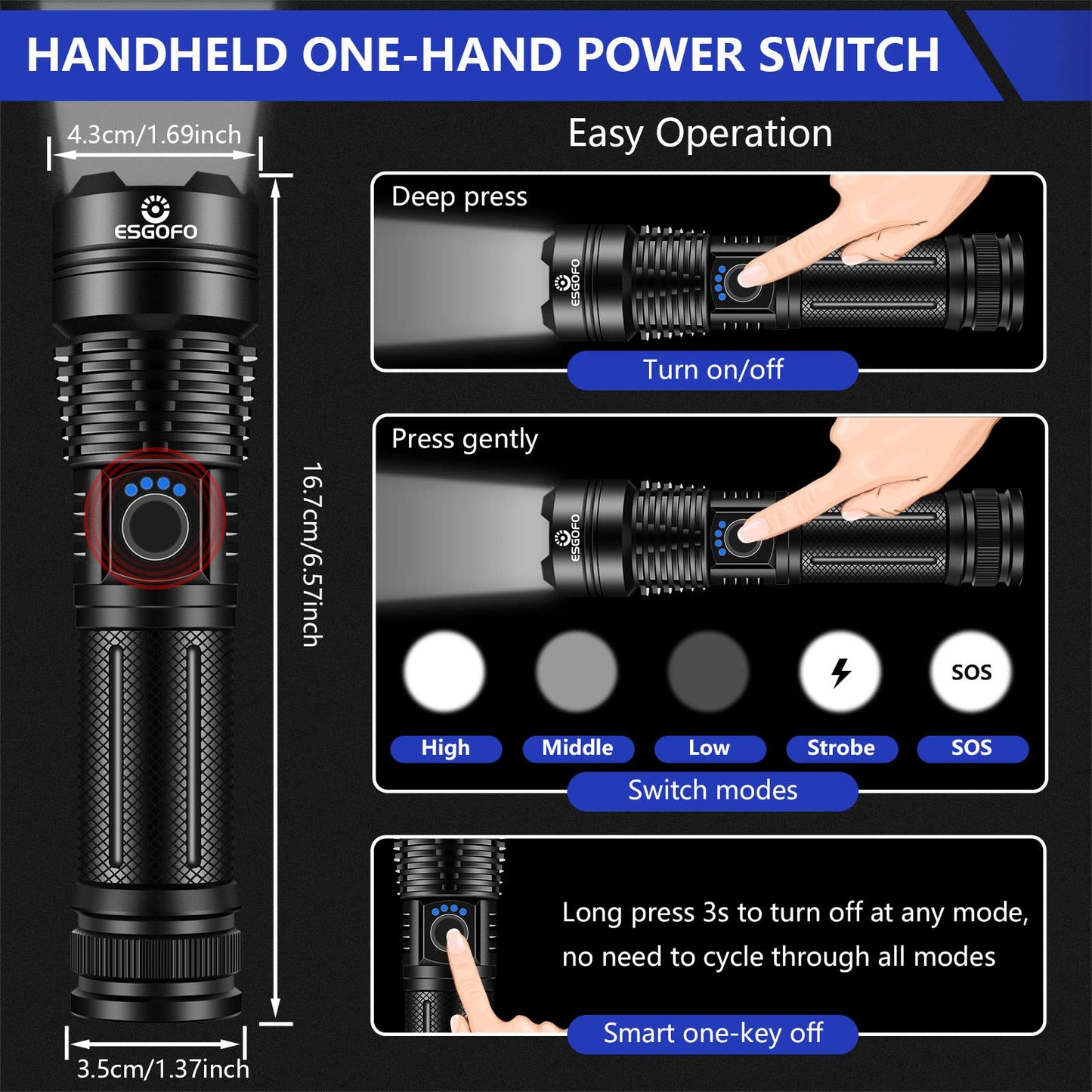 Esgofo X16 Tactical Flashlight - 20000 Lumens, Waterproof, Aluminum, Black, Rechargeable, Ideal For Hiking And Camping