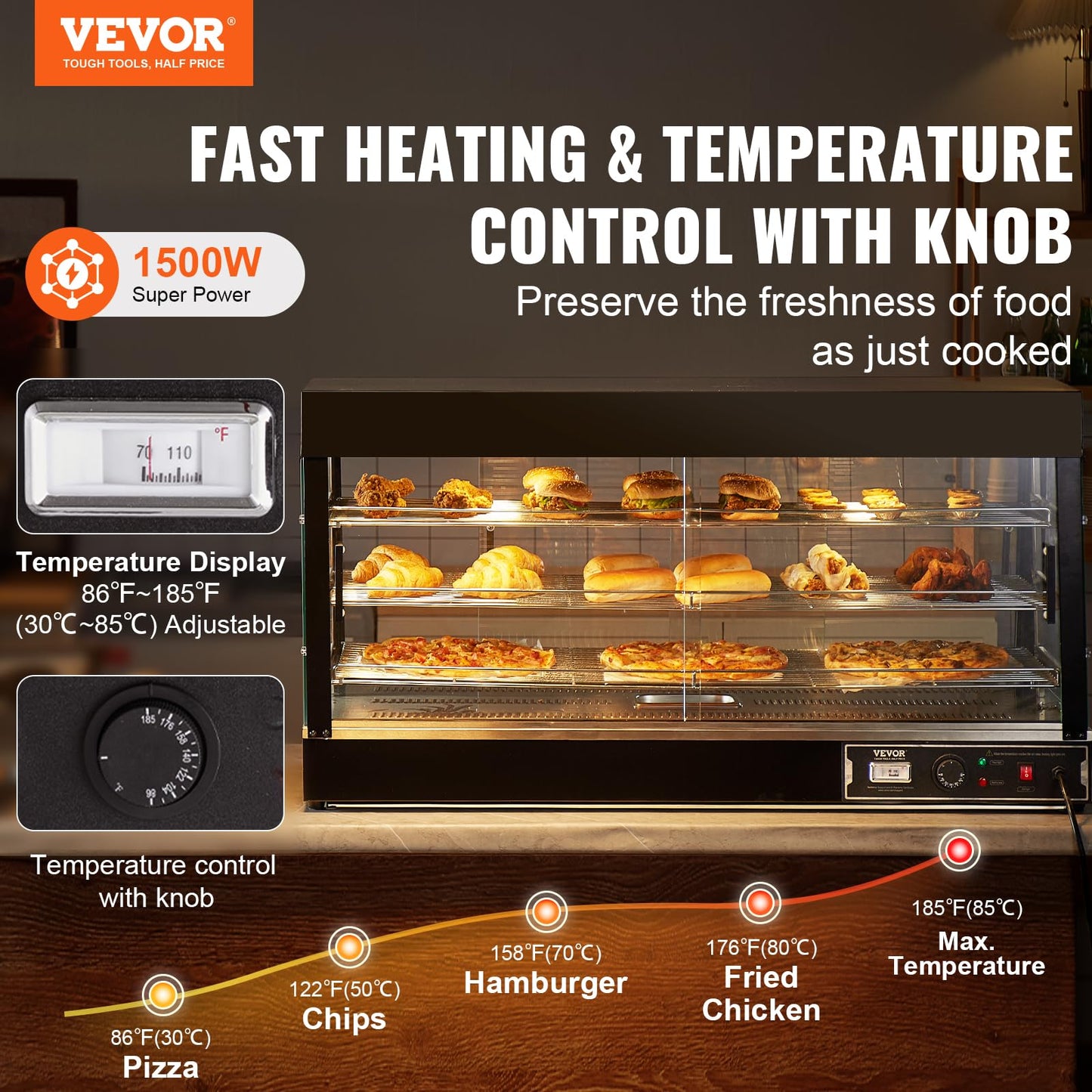 VEVOR 3-Tier Commercial Food Warmer Display, 1500W Food Display Warmer with Light, Adjustable Shelf and Temperature Display, 86℉~185℉ Steam Heating, 180L for Hamburger, Pizza, Bread, Fried Chicken