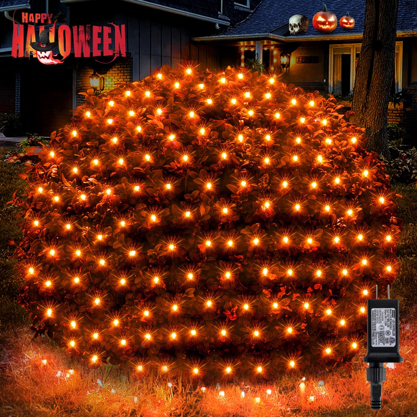 BlcTec Halloween Net Lights 360 LED 9.8ft x 6.6ft, Orange, 8 Modes, Waterproof, Dark Green Wire