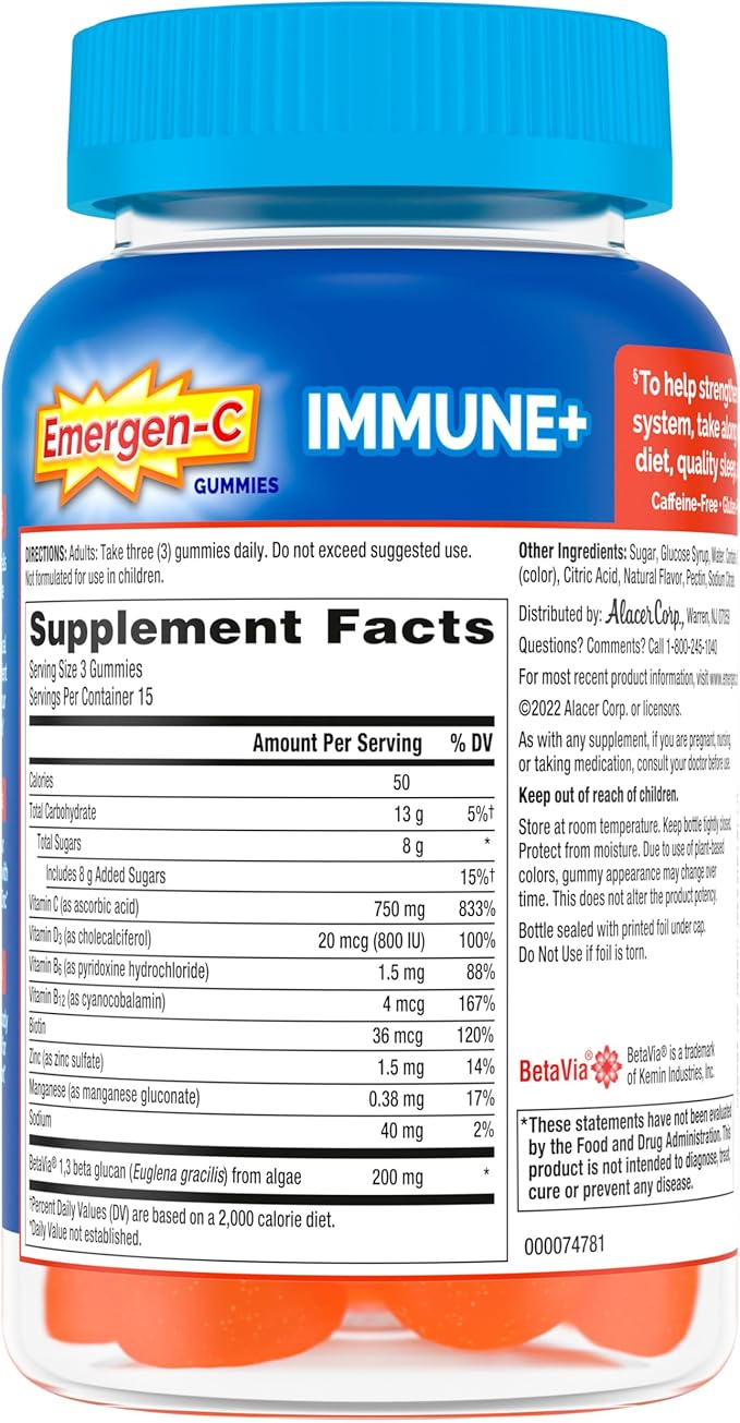 Emergen-C Immune+ Immune Gummies, Vitamin D plus 750 mg Vitamin C, Immune Support Dietary Supplement, Caffeine Free, Gluten Free, Super Orange Flavor - 45 Count