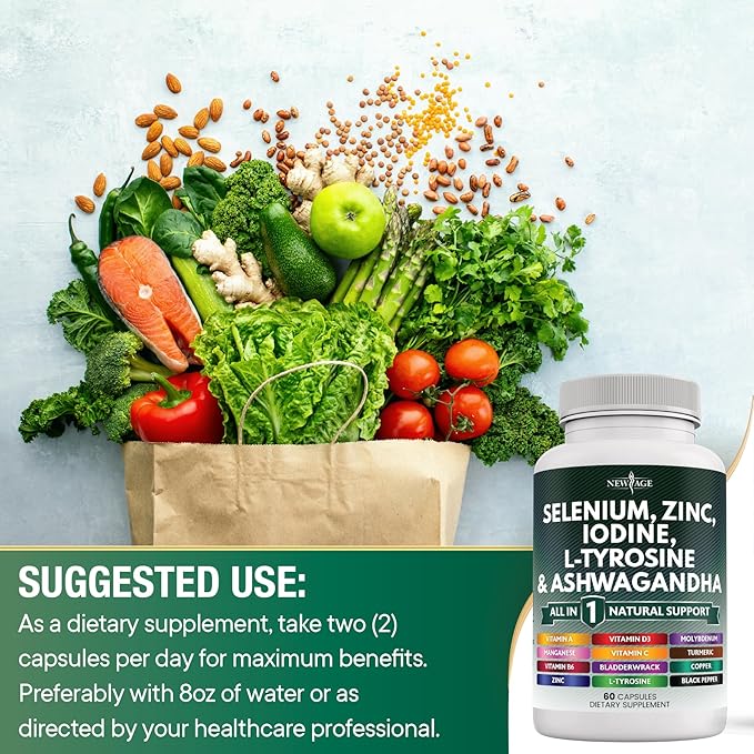 Selenium, Zinc, Iodine, L Tyrosine, Ashwagandha - Thyroid Support Supplement for Women and Men with Bladderwrack, Turmeric, Silica Kelp, Schisandra - 60 Count