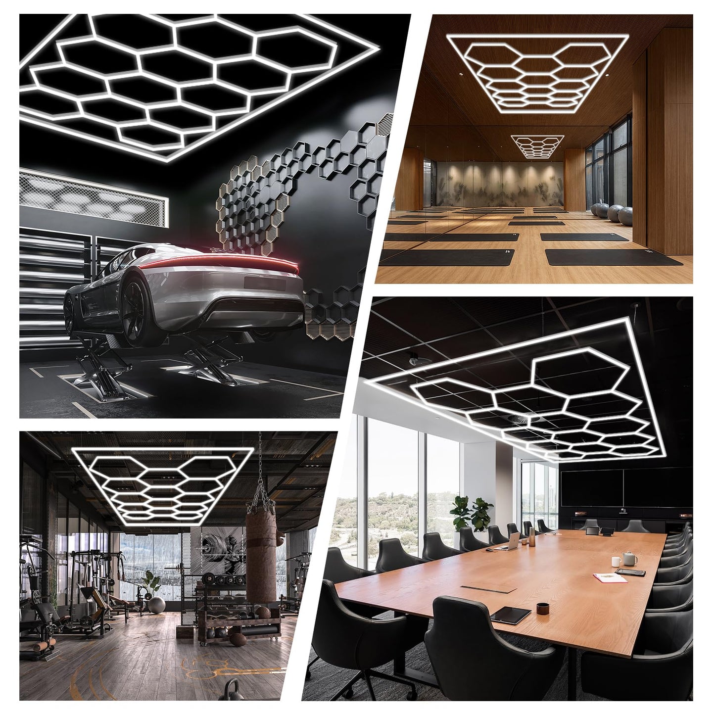 FERUERW Hexagon Garage Lights 3 Level Dimmable with Rectangle Frame, High Brightness 672W 26000 to 86400LM 6500K, 14 Hex Grid for Garage, Shop, Basement, Car Detailing Shop etc. with Mounting Clip