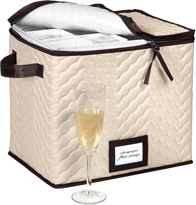 Wine Glass Storage Box with Dividers - Stemware Storage Case, Durable Quilted Microfiber Bin with Carry Handles, Protects Fine China - Durable Quilted Microfiber Bin with Carry Handles (1 Pack, Champagne Flute)