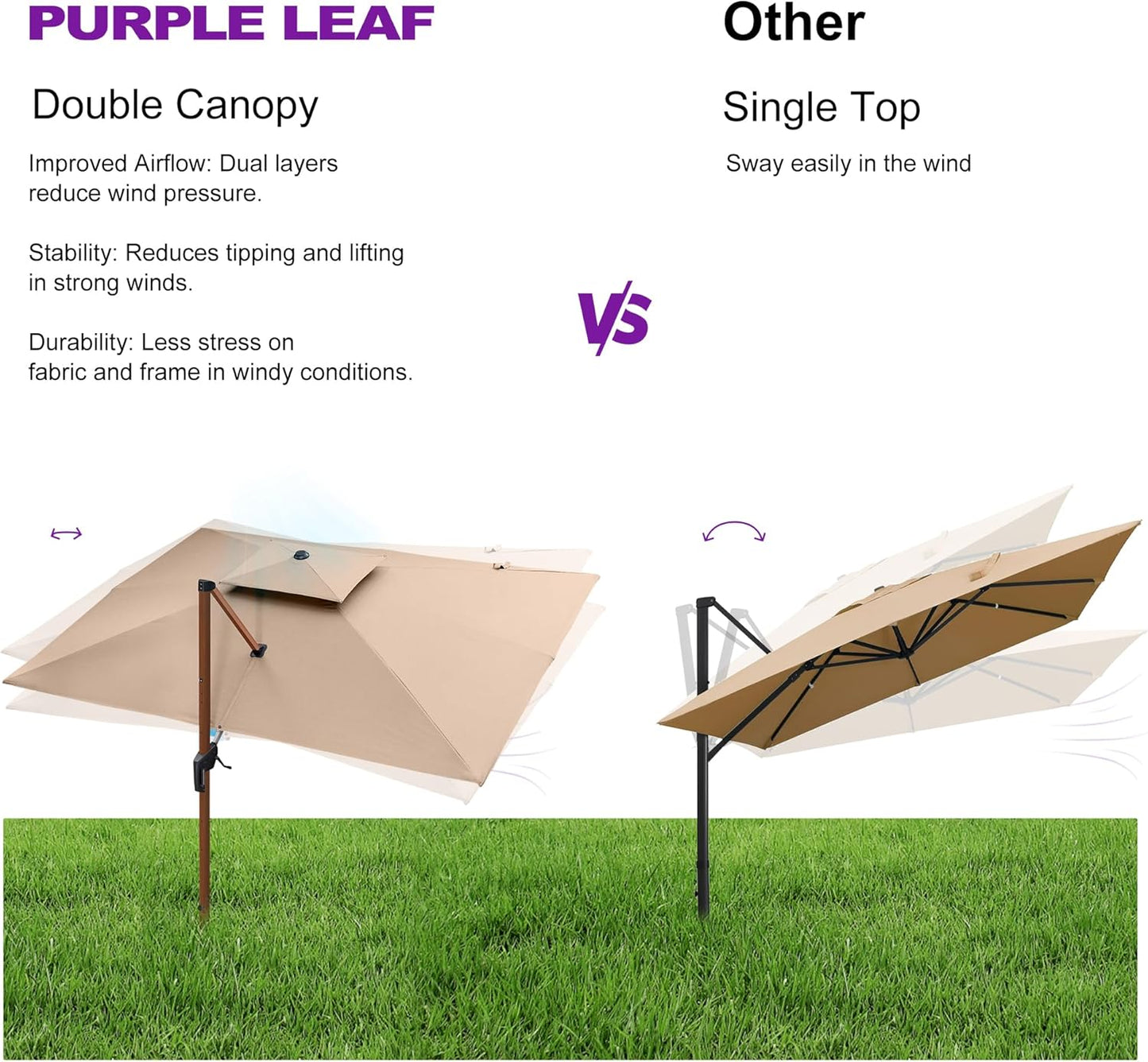 PURPLE LEAF 10' X 13' Double Top Deluxe Wood Pattern Rectangle Patio Umbrella Offset Hanging Umbrella Outdoor Market Umbrella Garden Umbrella, Beige