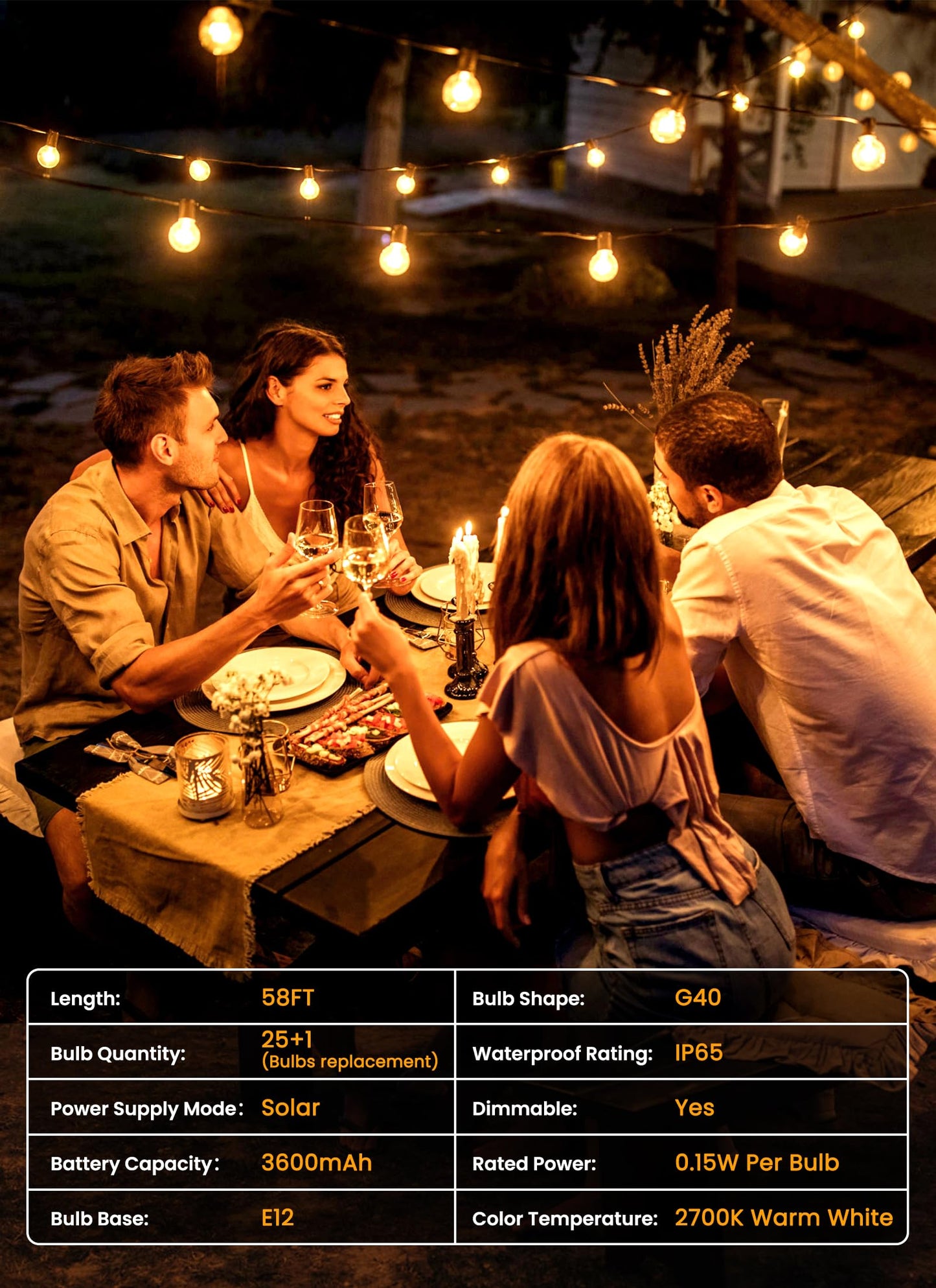 Brightown Solar String Lights 58FT with Remote, 26 LED Shatterproof Bulbs, Dimmable, 3 Light Modes, Black, Model GY-S-C25