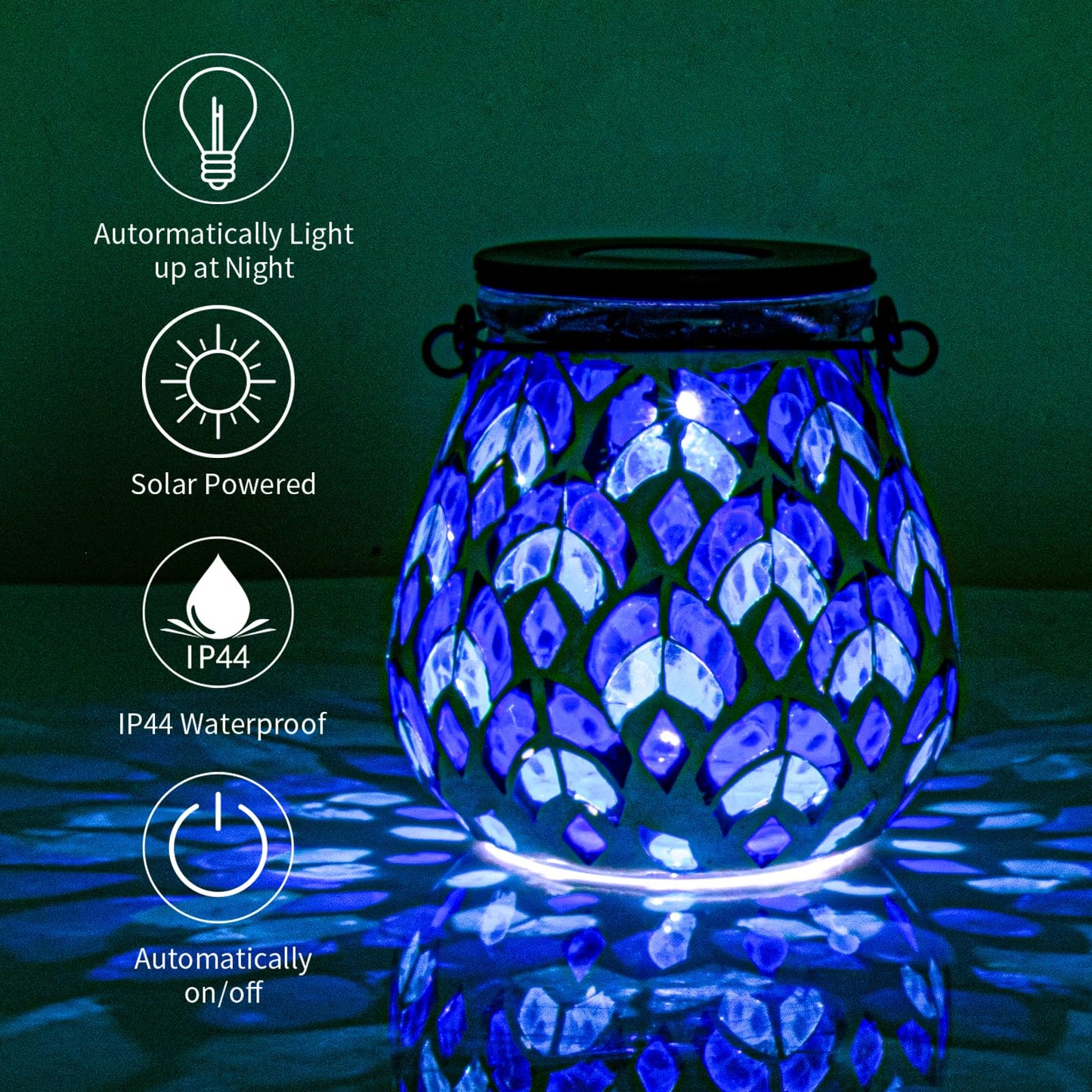 Afirst Mosaic Solar Lantern - Glass Hanging Lights, Waterproof, Blue, Model US-4400620-BL, For Garden & Patio Decoration, 1 Pack