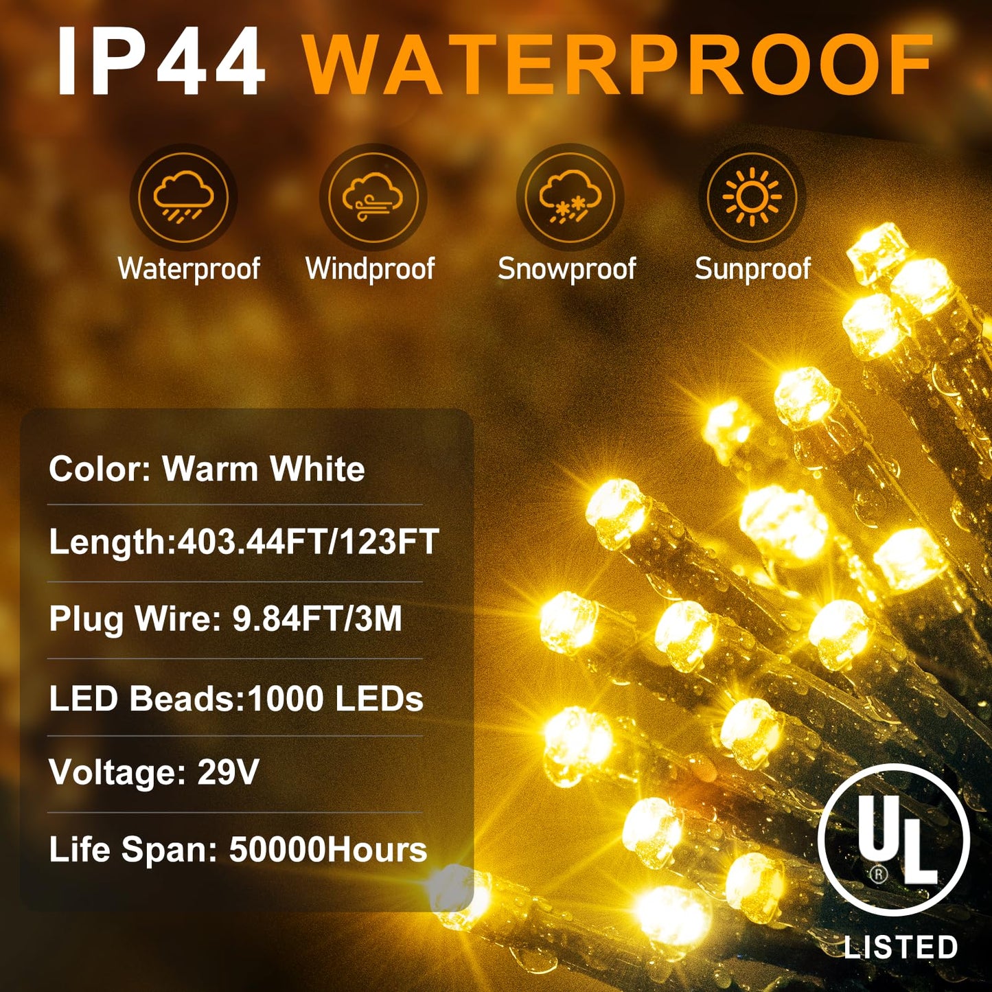 KNONEW 1000 LED String Lights, 403ft Dark Green Wire, Warm White, 8 Modes, Timer, Waterproof for Outdoor Christmas Decorations