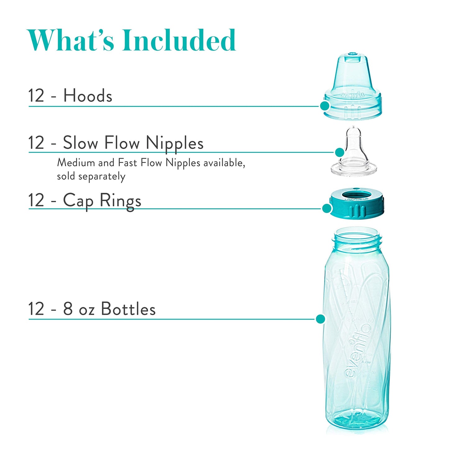 Evenflo Feeding Baby Bottles, Standard Neck, 8 Ounce | Tinted Plastic | Pink/Lavender/Teal | Pack of 36