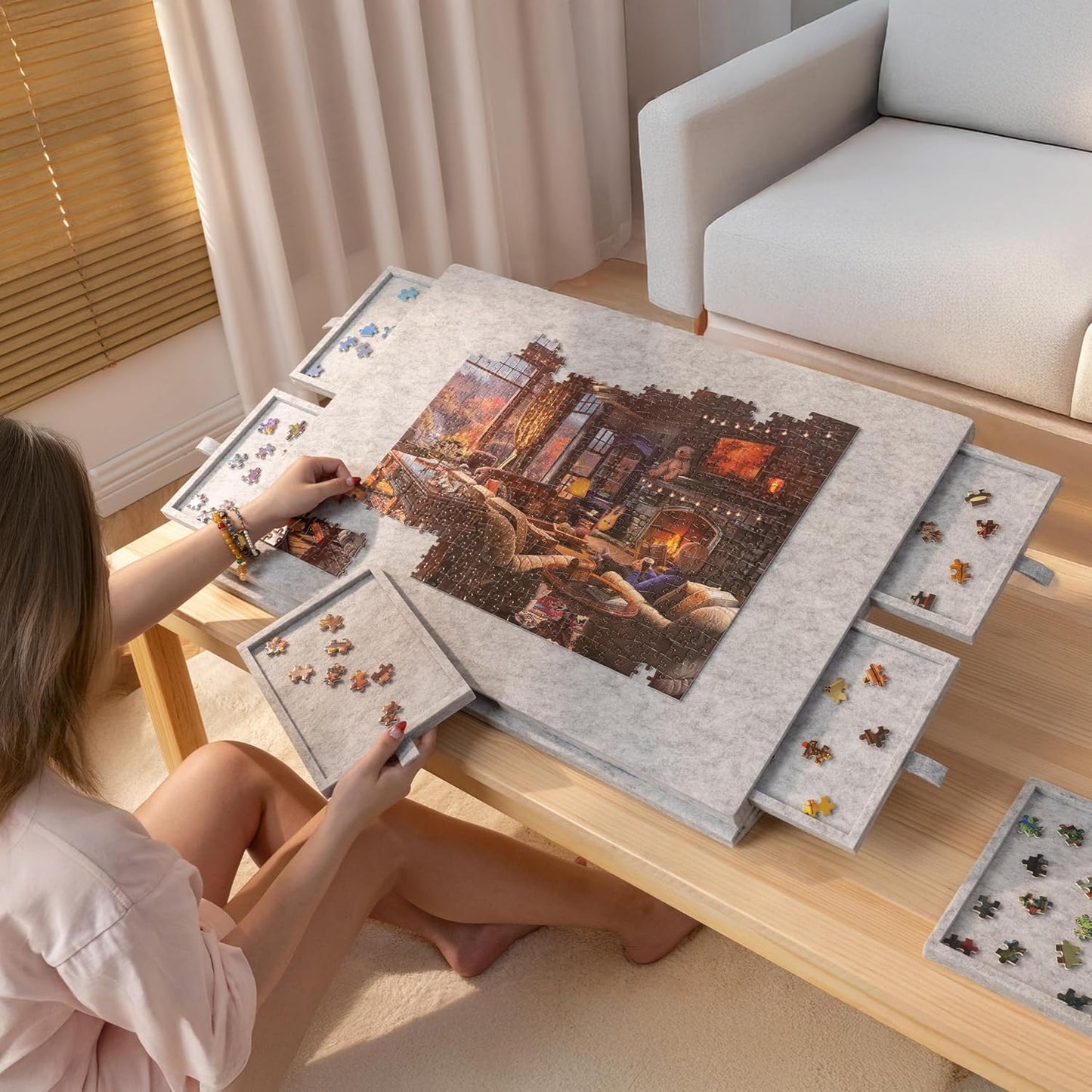 Lavievert Tilting Puzzle Board with 2-in-1 Designed Stand & Cover, Super Lightweight Felt Puzzle Plateau with 6 Drawers for Adults, Portable Jigsaw Puzzle Table for Up to 1000 Pieces – Light Gray