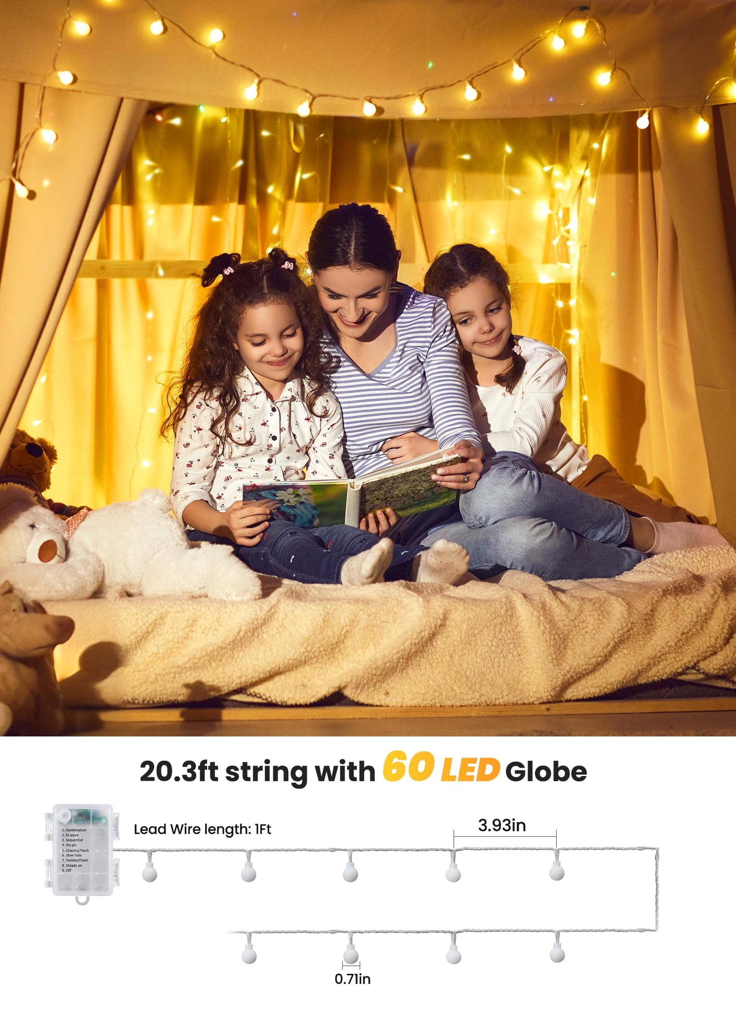 Brightown Battery Operated String Lights, 60 LED Globe Fairy Lights, 19.6Ft, MiniGlobe-60D, Indoor/Outdoor Decor