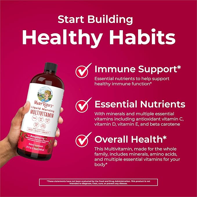 MaryRuth's Medium Triad of Health: Morning Multivitamin Raspberry (32oz), Nighttime Multimineral Coconut (15oz), & Probiotic Drops (4oz) | Vegan Vitamins for Bedtime, Beauty & Overall Health
