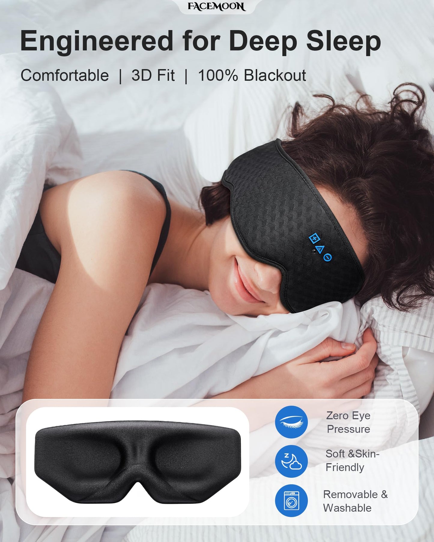 Sleep Mask with Bluetooth Headphones: 100% Blackout, 3D Zero-Pressure Eye Cups, Noise-Reducing Immersive Sound for Sleeping, Adjustable Speaker Fit, Bluetooth 5.4, Detachable Design, Travel Relaxation