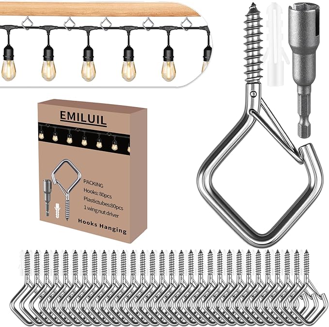 80 Pcs 304 Stainless Steel Eye Screw Hooks for Hanging Heavy Duty.Windproof Ceiling Hooks for Hanging Plants,Cup,Wind Chime,Bird Feeders,Christmas String Lights at Indoor&Outdoor 2.2 Inch