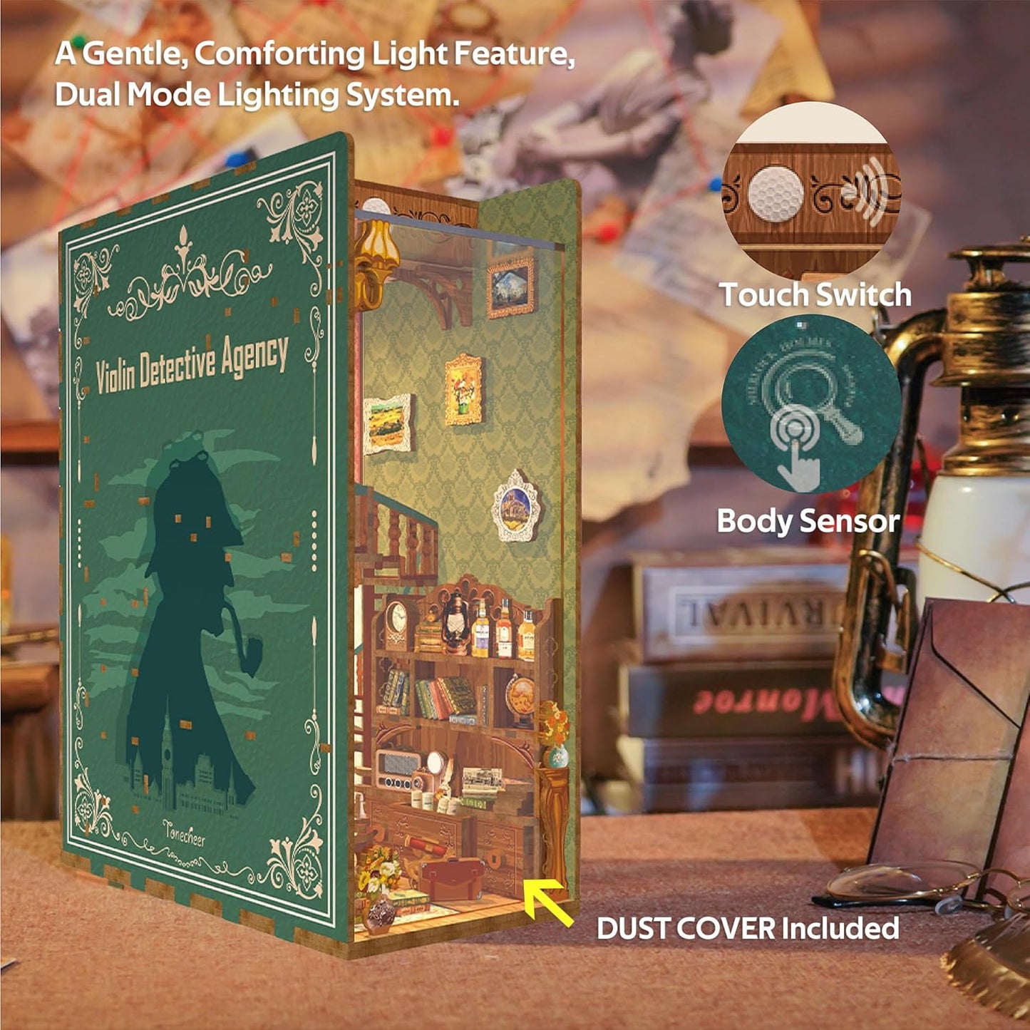 Tonecheer DIY Book Nook Kit for Adults, Wooden 3D Puzzle Bookend Bookshelf Insert Decor, Detective Booknook Miniature House Kit with Dust Cover and Body Motion Sensor LED (Violin Detective Agency)
