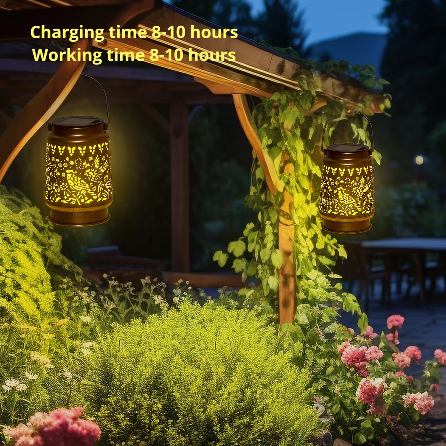 KIKUSUI Cardinal Solar Lantern - Metal Waterproof LED Hanging Light for Yard, Patio, Garden Decor - Warm White - Model D7-DL14
