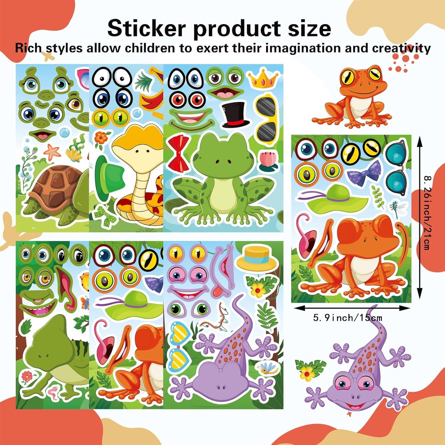 36 PCS Make a face Sticker for Kids Toddlers, Make Your Own Reptile Animal Mix and Match Sticker with Snakes, Lizards, Frogs, Turtles, Kids Party Favor Craft Supplies