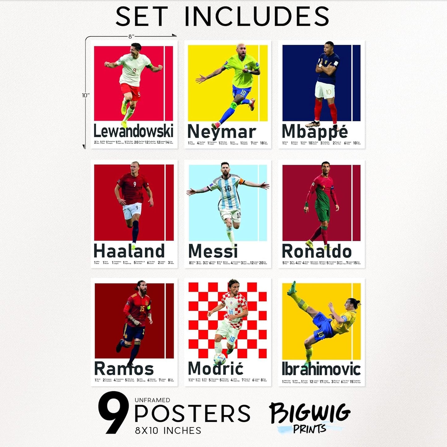 BigWig Prints Soccer Posters - Soccer Decor for Boys Room, Ronaldo & Messi Poster, Mbappe, Neymar, Zlatan Ibrahimovic, Ramos, Modric, World Cup Wall Art, Fifa Art - Unframed Set Of 9 (8x10”)