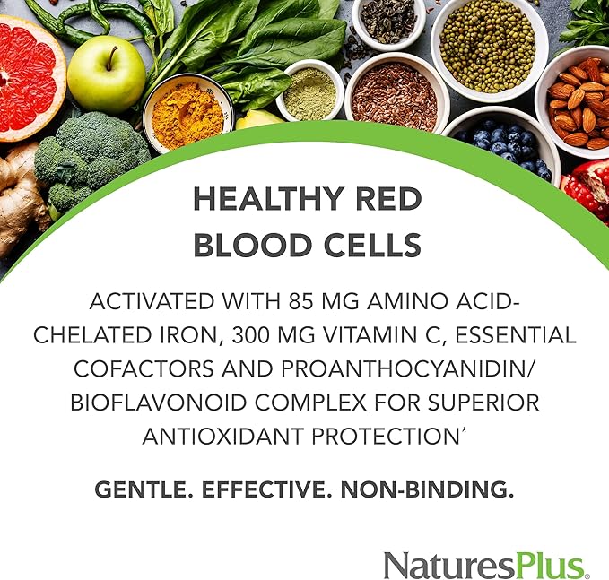 NaturesPlus Hema-Plex Iron - 60 Tablets - 85 mg Elemental Iron + Vitamin C & Bioflavonoids for Healthy Red Blood Cells - Vegan, Gluten Free - 30 Servings