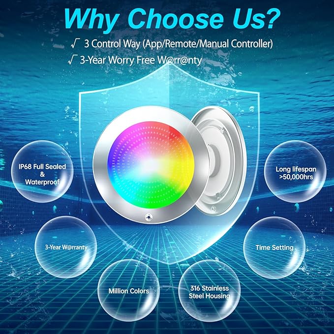 Pool Lights for Inground Pool, 120Ft 10Inch 60W LED Inground Pool Light with 3 Way to Control (App/Remote/Controller), Color Changing Underwater Swimming PoolLight for 10" Large Wet Niches