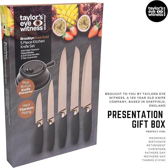 Taylors Eye Witness 5pc Kitchen Knife Gift Set - Brooklyn Rose Gold Colored Bolsters, Matching Razor Sharp Titanium Coated Blades. Soft Grip Handles. 2yr Peace of Mind. Extra Sharpener for Knives