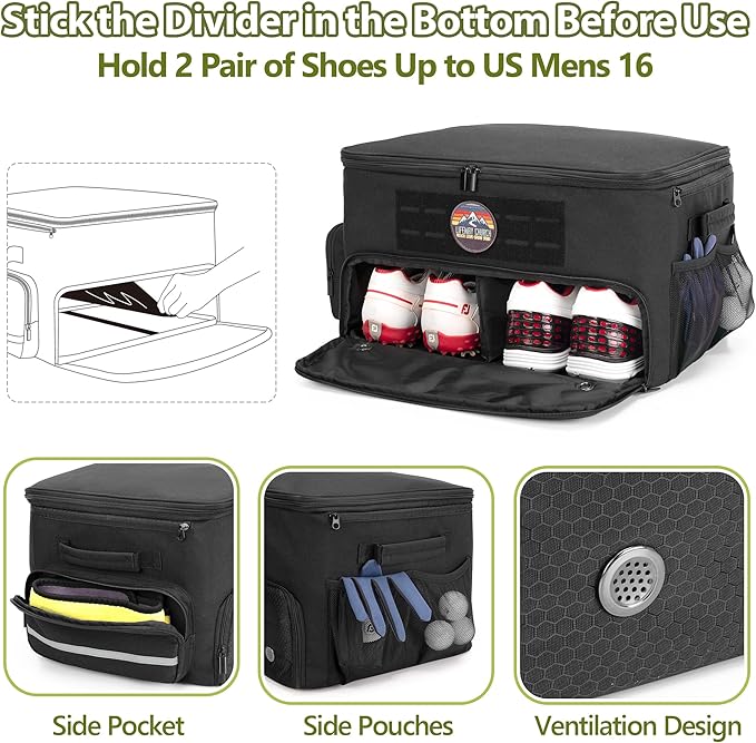 Golf Trunk Organizer Storage with Separate Compartment for 2 Pair Shoes Up to US Mens 16, Golf Car Locker Organizer for Balls, Tees, Clothes, Gloves, Accessories