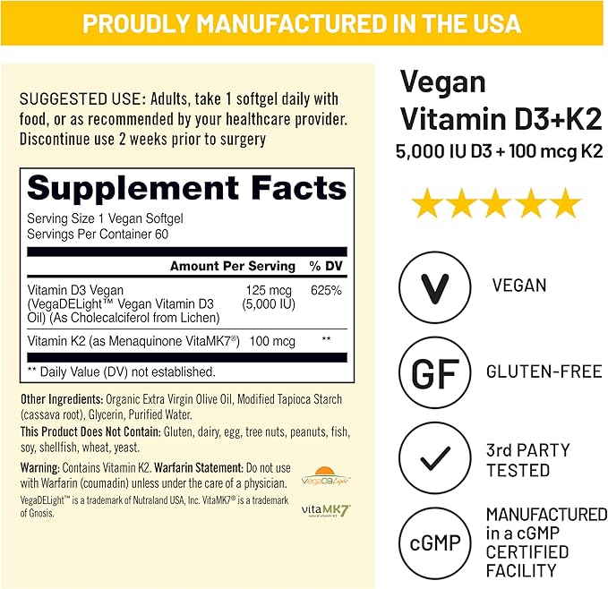 NatureWise Vegan Vitamin D3 + K2 - Organic D3 5000IU + Clinically Proven Vitamin K2 100mcg - Bone Support - High Absorption with Organic Cold-Pressed Olive Oil - Non-GMO - 60 Softgels[2-Month Supply]