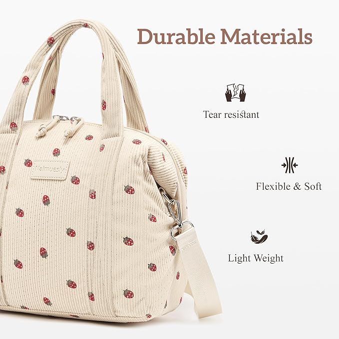 Lunch Bag Women Insulated Lunch Box,Cute Corduroy Lunch bags,Reusable Large Capacity Leakproof Cooler Bag with Adjustable Shoulder Strap for Men Adult Work Office Picnic Travel Strawberry