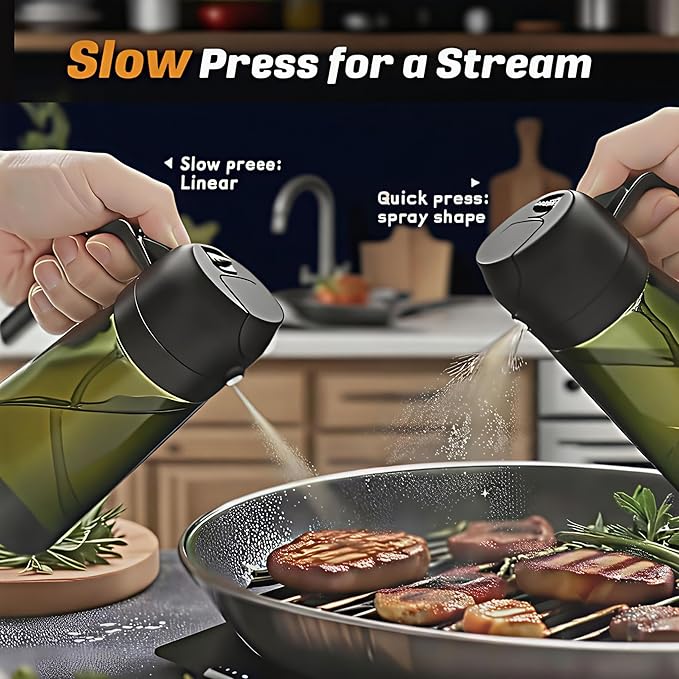 16oz/470ml Glass Olive Oil Sprayer for Cooking, 2 in 1 Oil Dispenser for Kitchen Spray and Pour, Premium Light-Blocking Oil Bottle, Food-Grade Spray Bottle, for Salad, Air Fryer, BBQ (Green)