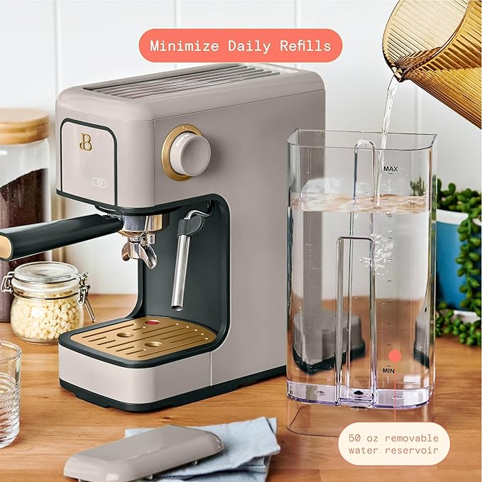 Beautiful 20-Bar Slim Espresso Machine | Single & Double Shot Programmable Brewing, Compact 4.7-in Width, Stainless Cup Warmer, Auto Shut-Off, 50 oz Tank (Porcini Taupe)