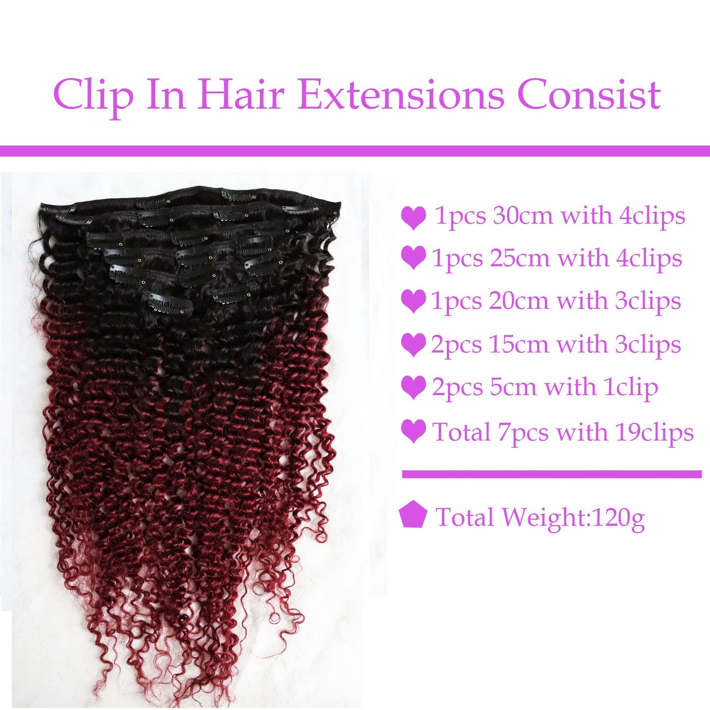 IXTUYLL Virgin Human Hair Clip In Extensions Ombre Red Burg Afro Kinky Curly 3B 3C 120 Grams Clip Ins Hair Extensions Real Human