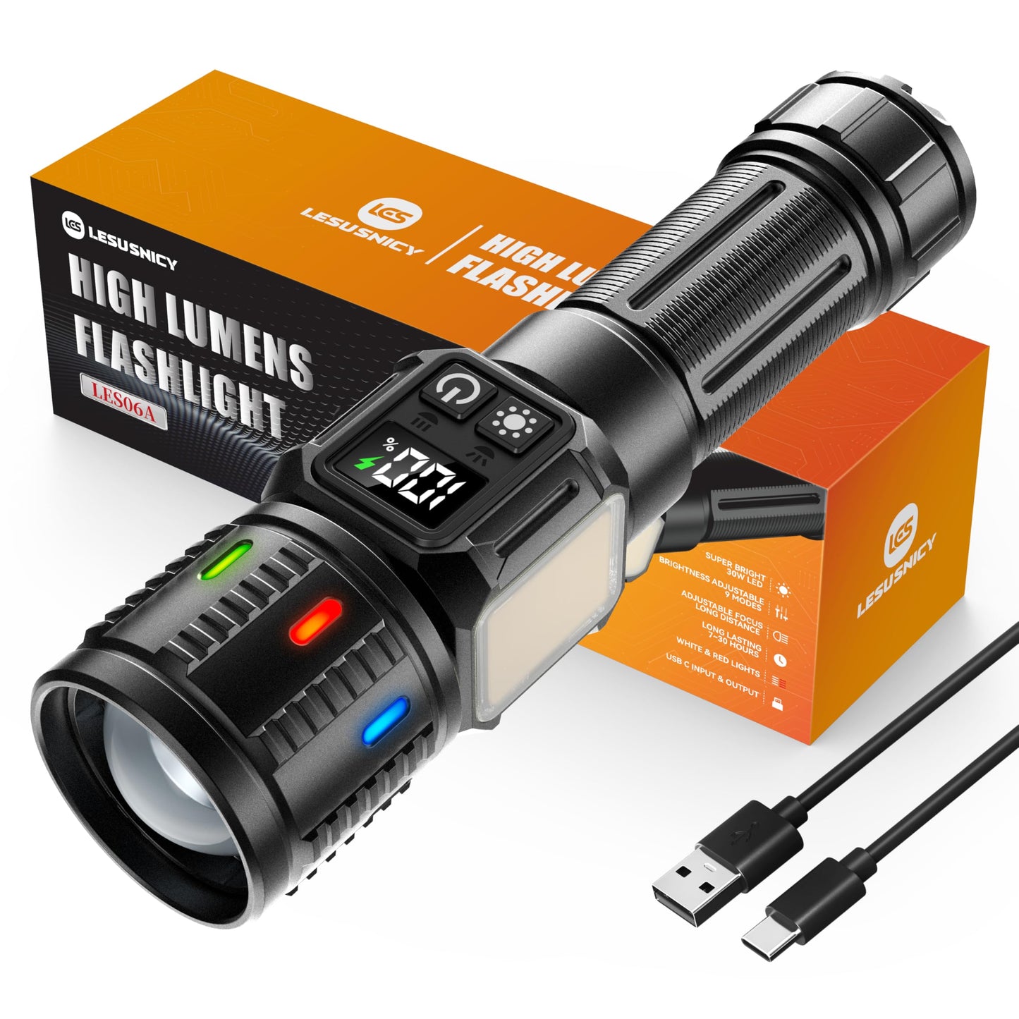 Lesusnicy Rechargeable Flashlights High Lumens 10000  Super Bright Led Flash Light Long Lasting Usb C Lcd Display  Daul Light Source & Buttons With Red Light  For Camping Hiking Emergency Home Gift