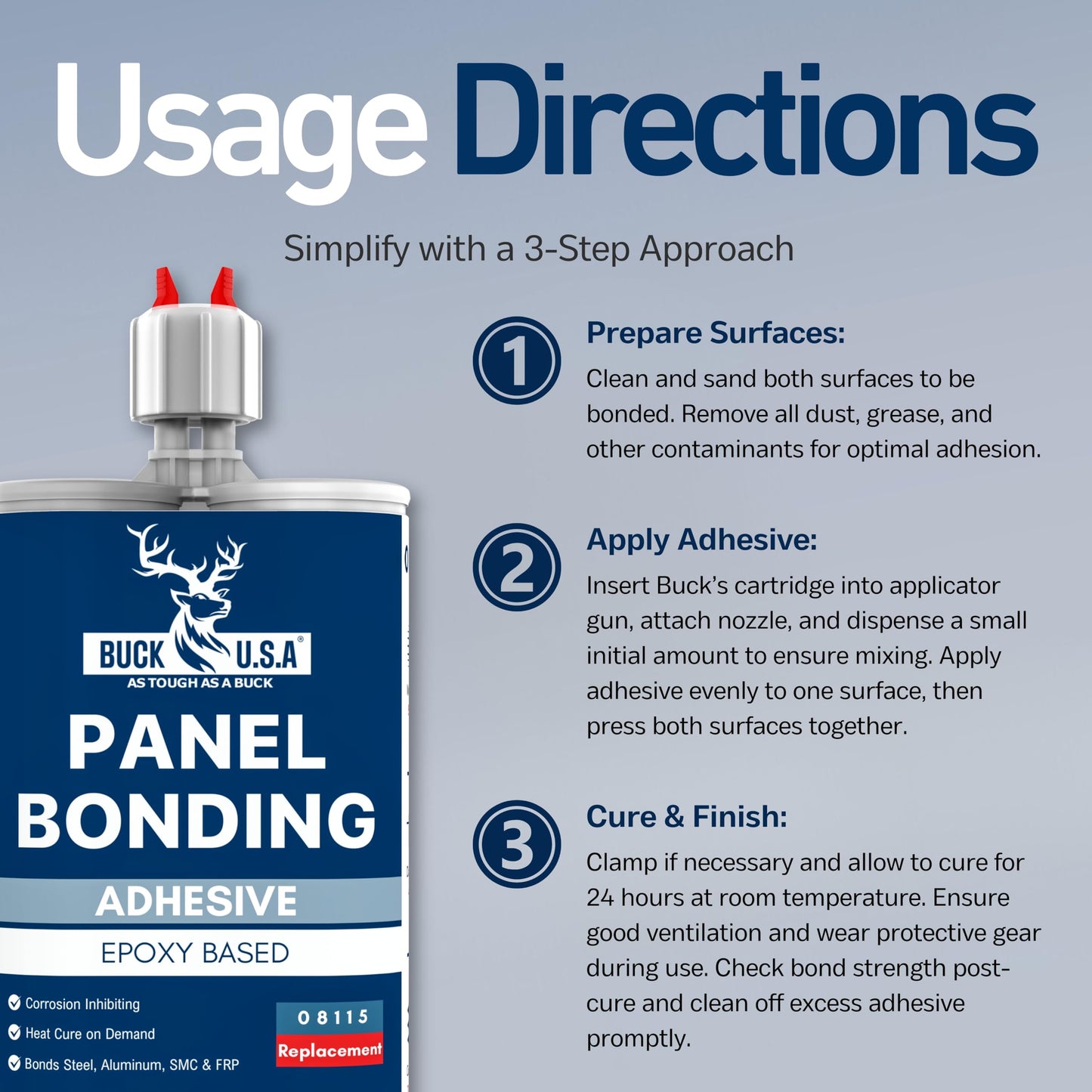 Buck Panel Bonding Adhesive 08115, Two-Part Epoxy, 400 ml Cartridge, Replacement for 3M Panel Bonding Adhesive, Bonds Metal & Composites for Auto Body Panel Repair, OEM Recommended, Black, 1 Pack