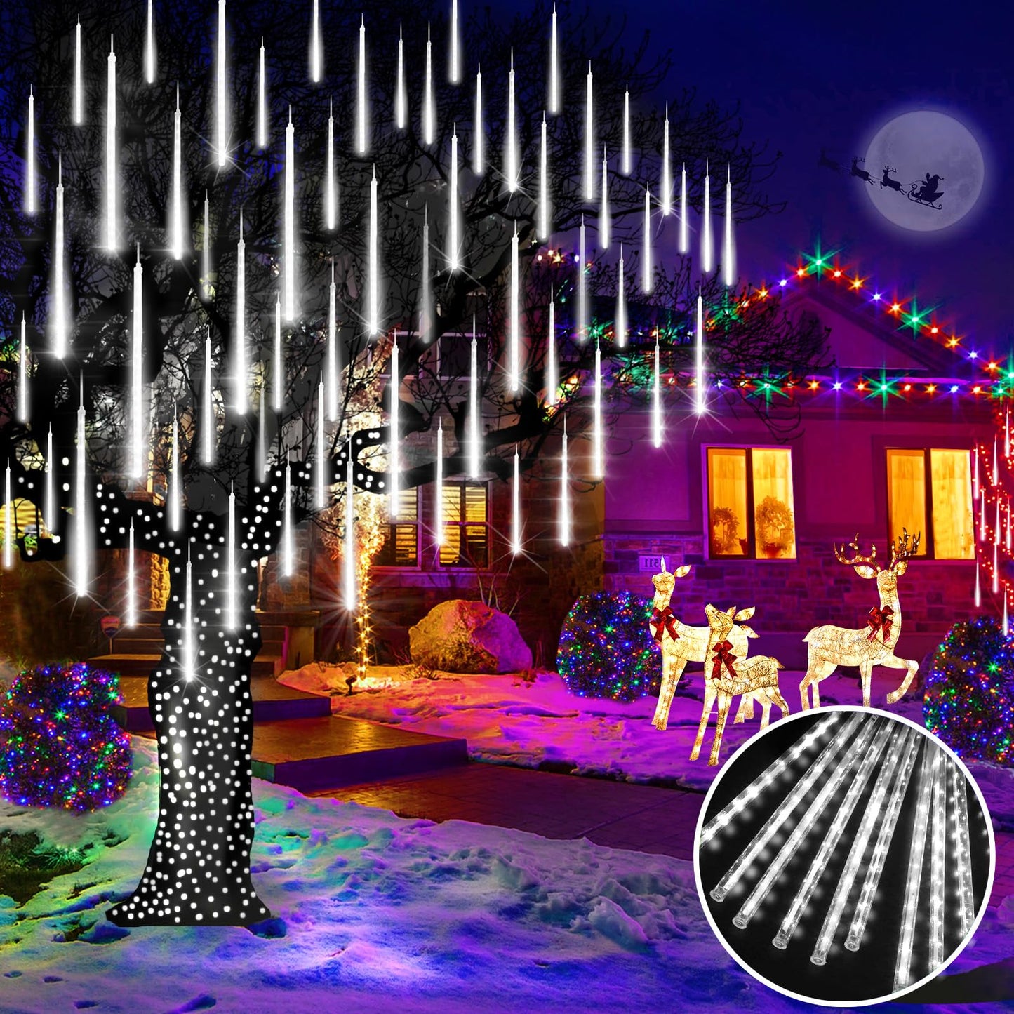 KNONEW 15in Outdoor Christmas Lights, 24 Tubes, 672 LED Cool White Meteor Shower Lights, Waterproof for Holiday Decorations