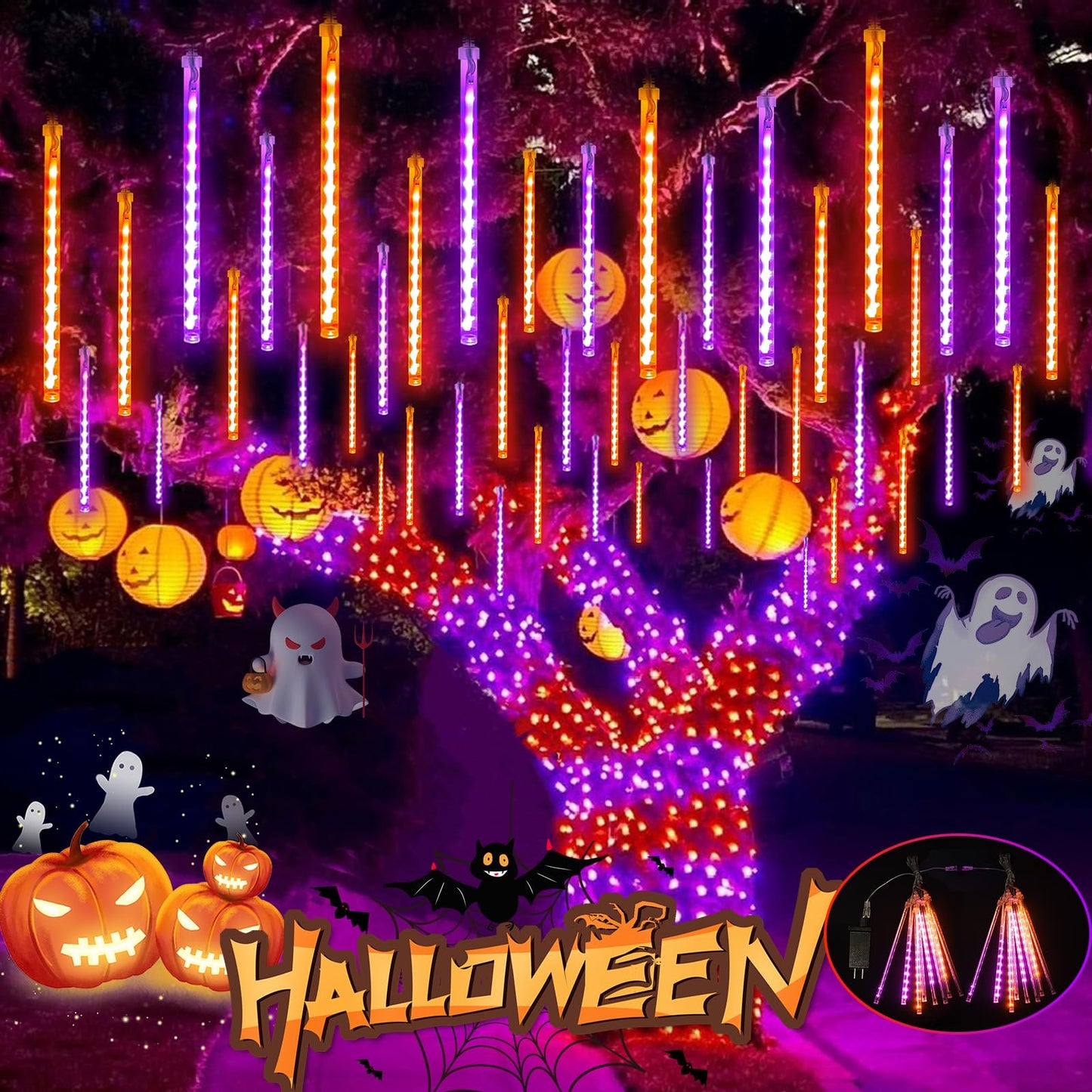 EXF 2-Pack Meteor Shower Lights Outdoor Waterproof 384 LED Plug in 30cm Orange and Purple Model MLS-D5V3.6WUT-O