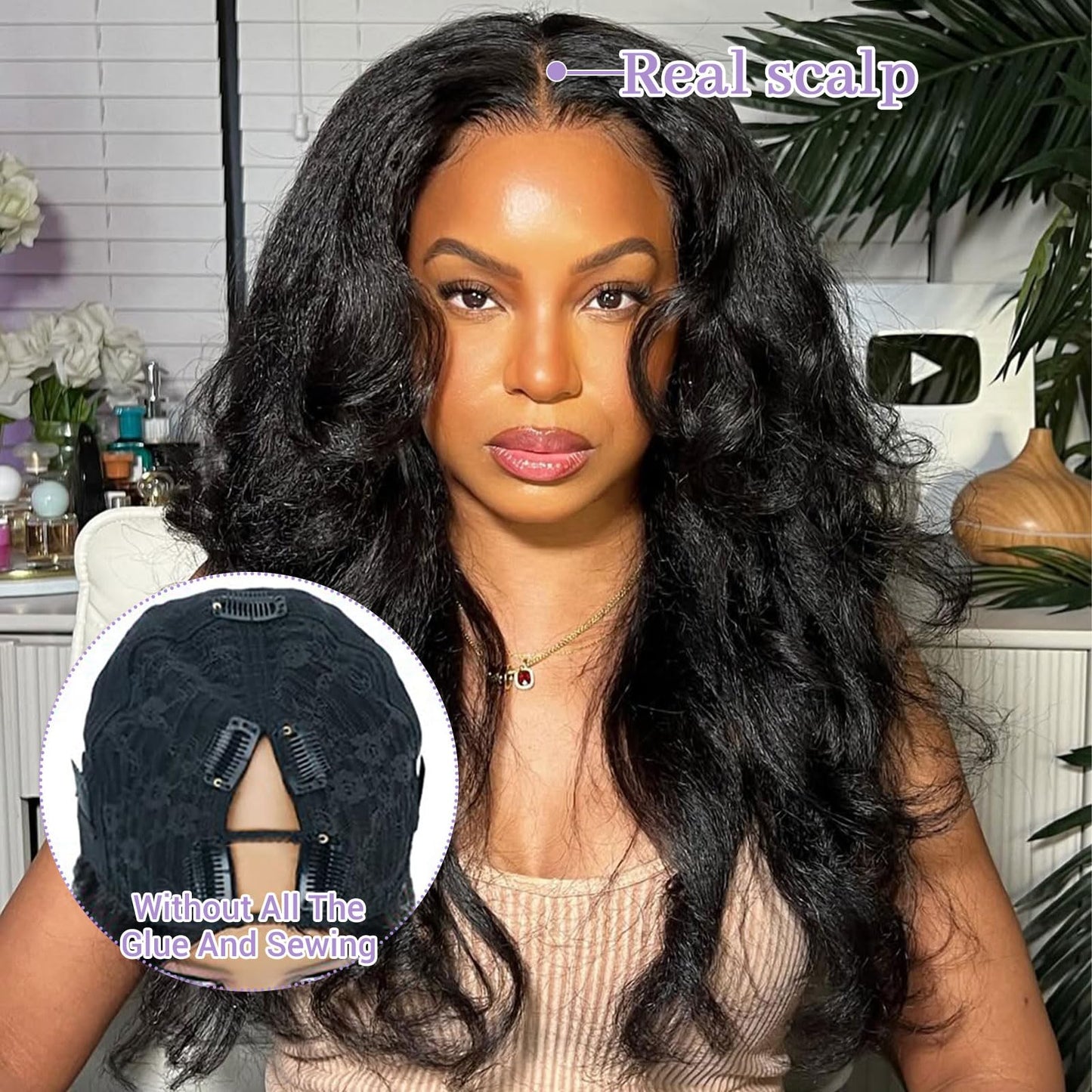 DSEKCAIN Kinky Straight V Part Wig Human Hair Glueless Clip In 100% Real Human Hair Yaki Straight V part Wigs No Glue No Sew In