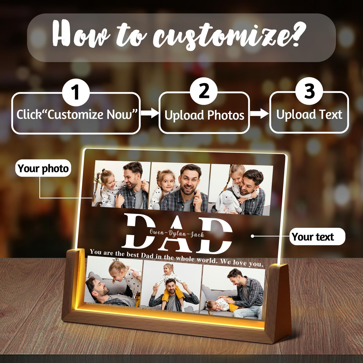 Fathers Day Personalized Gifts For Dad From Daughter Son Wife  Custom Picture Frame Acrylic Plaque Night Light With Photo Name  Customized Dad Birthday Christmas Gifts For Papa Grandpa Husband