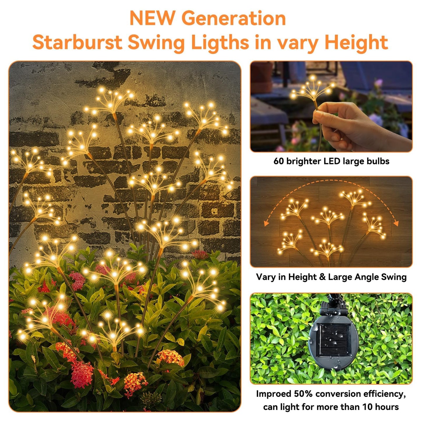 JJGoo Solar Garden Lights, New Upgraded 4 Pack Solar Swaying Starburst Light, Waterproof Fireworks Outdoor Lights, Yard Patio Pathway Decoration, Warm White