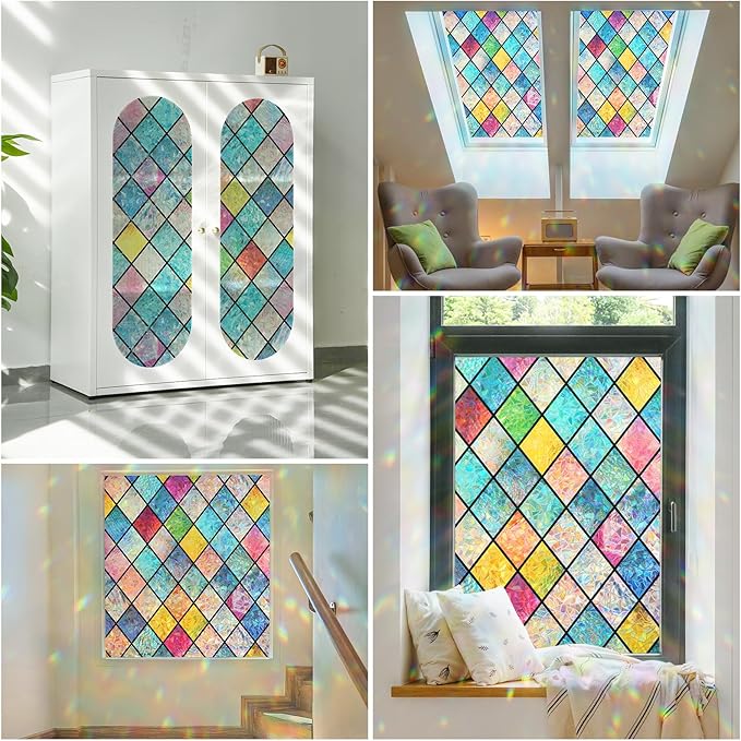 Haton Stained Glass Window Film, Rainbow Window Privacy Film, Decorative Sun Blocking Glass Clings Stickers, Static Cling Colorful Lattice Coverings Decals for Home Door 23.6" x 157.4"