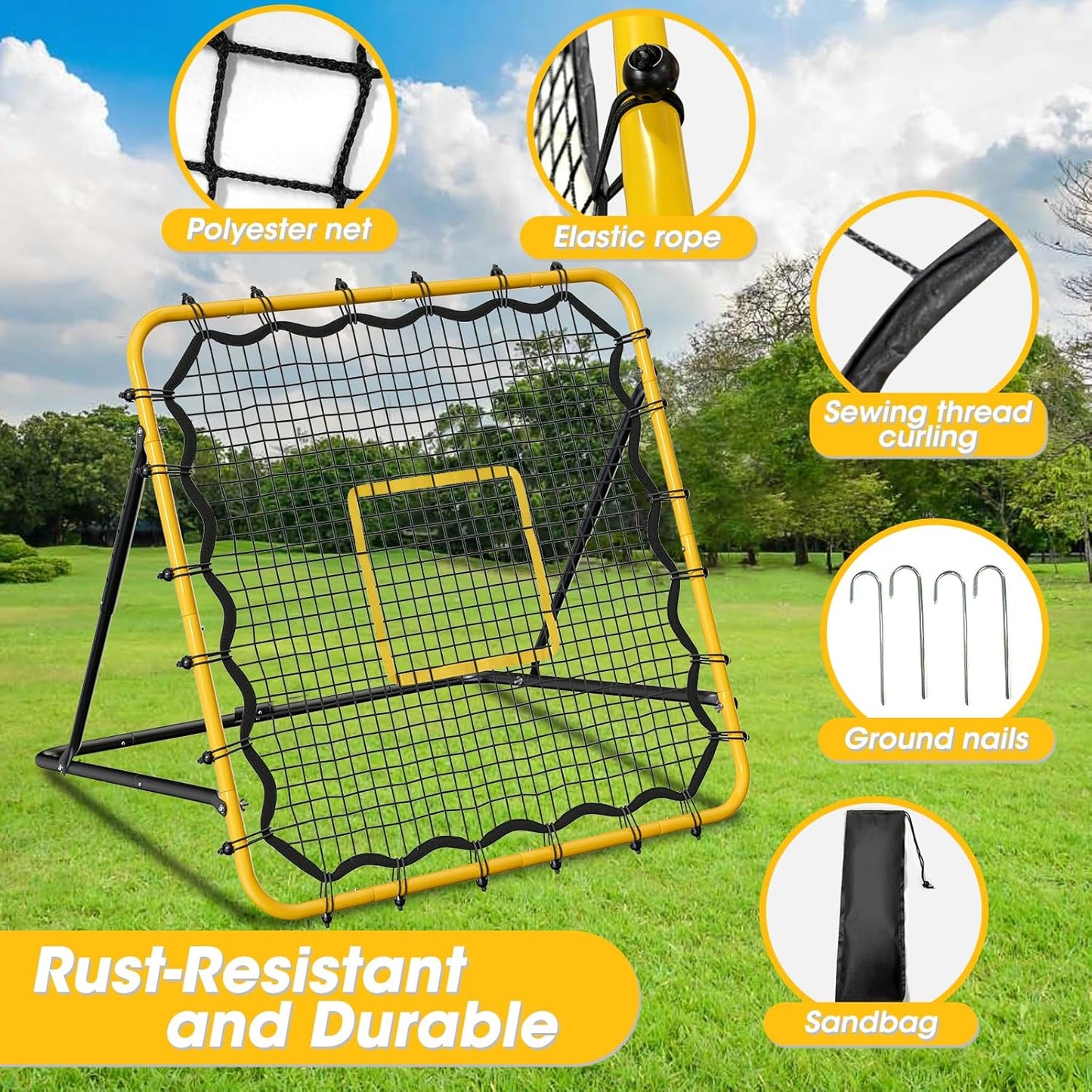 3.7×3.7FT Soccer and Baseball Rebounder Net,Volleyball Rebounder,Pitch Back Net,Multi-Sport Training Rebound Net,with Pitching Target,Adjustable Angles