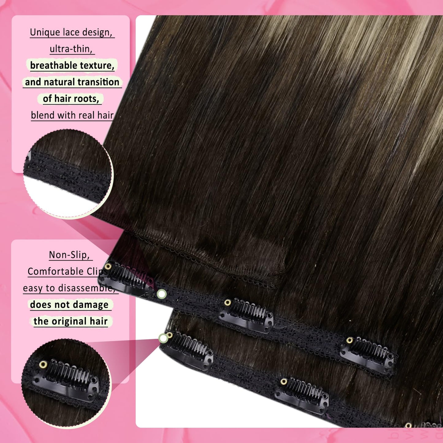 YoungSee Clip in Hair Extensions Human Hair Brown Balayage Clip on Hair Extensions Chocolate Brown with Ash Blonde Balayage Real