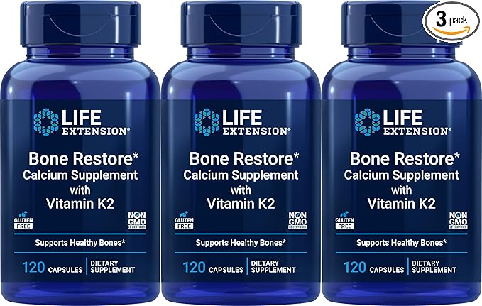 Life Extension Bone Restore Calcium Supplement with Vitamin K2, 120 Capsules (Pack of 3)