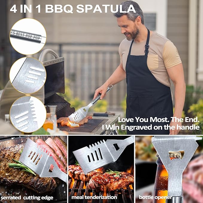 Pop Pop Gifts, Christmas Popop Gifts from Grandkids Heavy Duty Grilling Accessories Kit for Backyard BBQ, Thick Stainless Steel Grill Utensils with Non-Slip Handle Tool Grilling Gift for Man