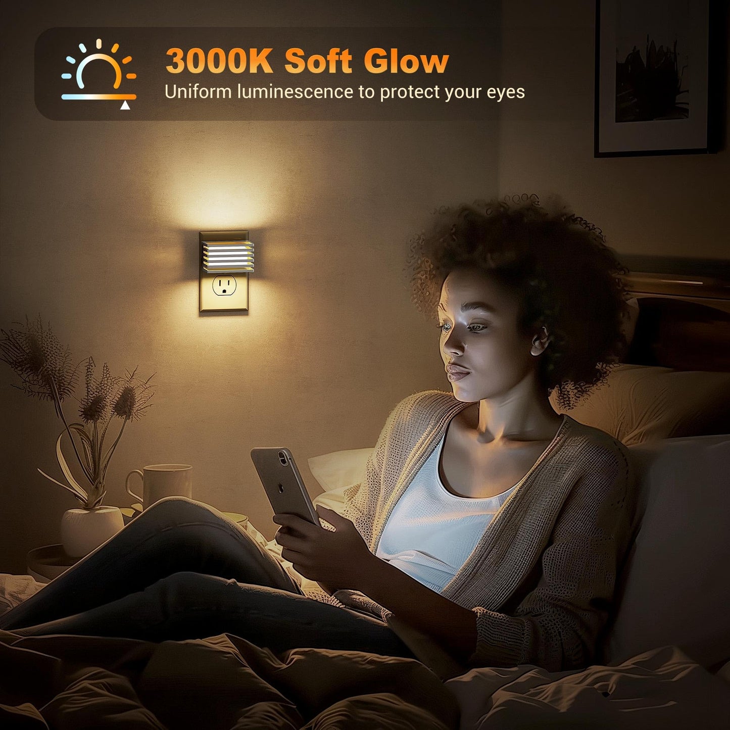 JandCase LED Night Light, Dimmable Soft White, 2 Pack, Warm Silver Shade, with Dusk to Dawn Sensor for Bedroom and Bathroom